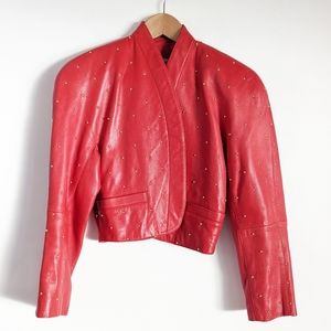 VTG 80's MONDI German Red Leather Brass Riveted Open Crop Jacket Pockets Size 34